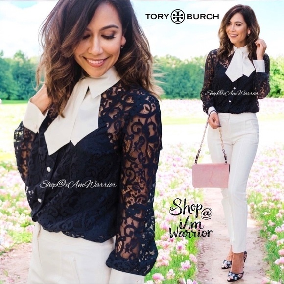 Tory Burch NWT navy lace blouse w/ ivory cuffs & collar with removable neck tie - Picture 6 of 16